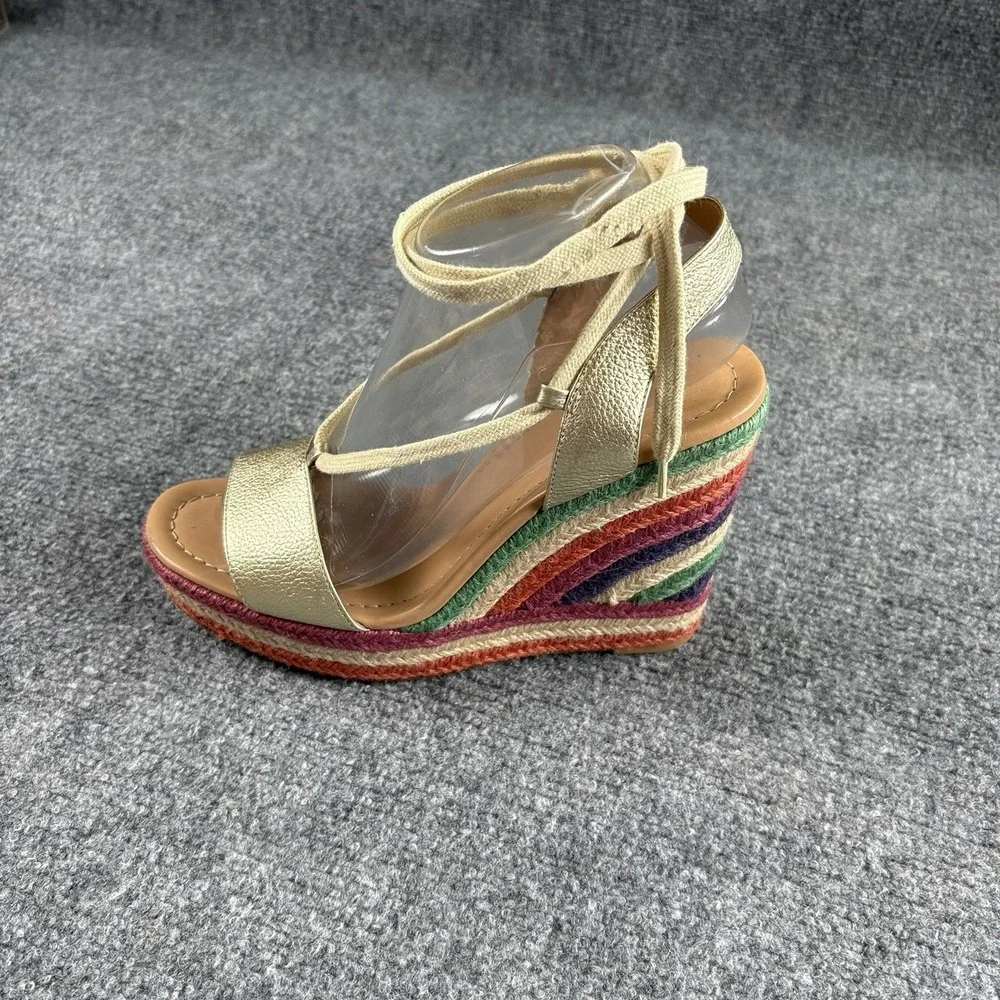 Kate Spade Gold Espadrille Wedge Sandals Women's 9M Lace Up Rainbow Boho 5